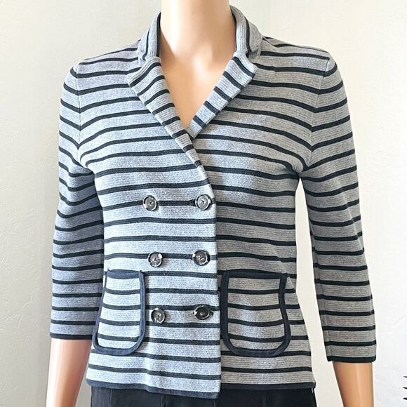 LOFT Gray/Blue Stripe Double Breasted Knit Jacket Sz SP - Picture 2 of 12